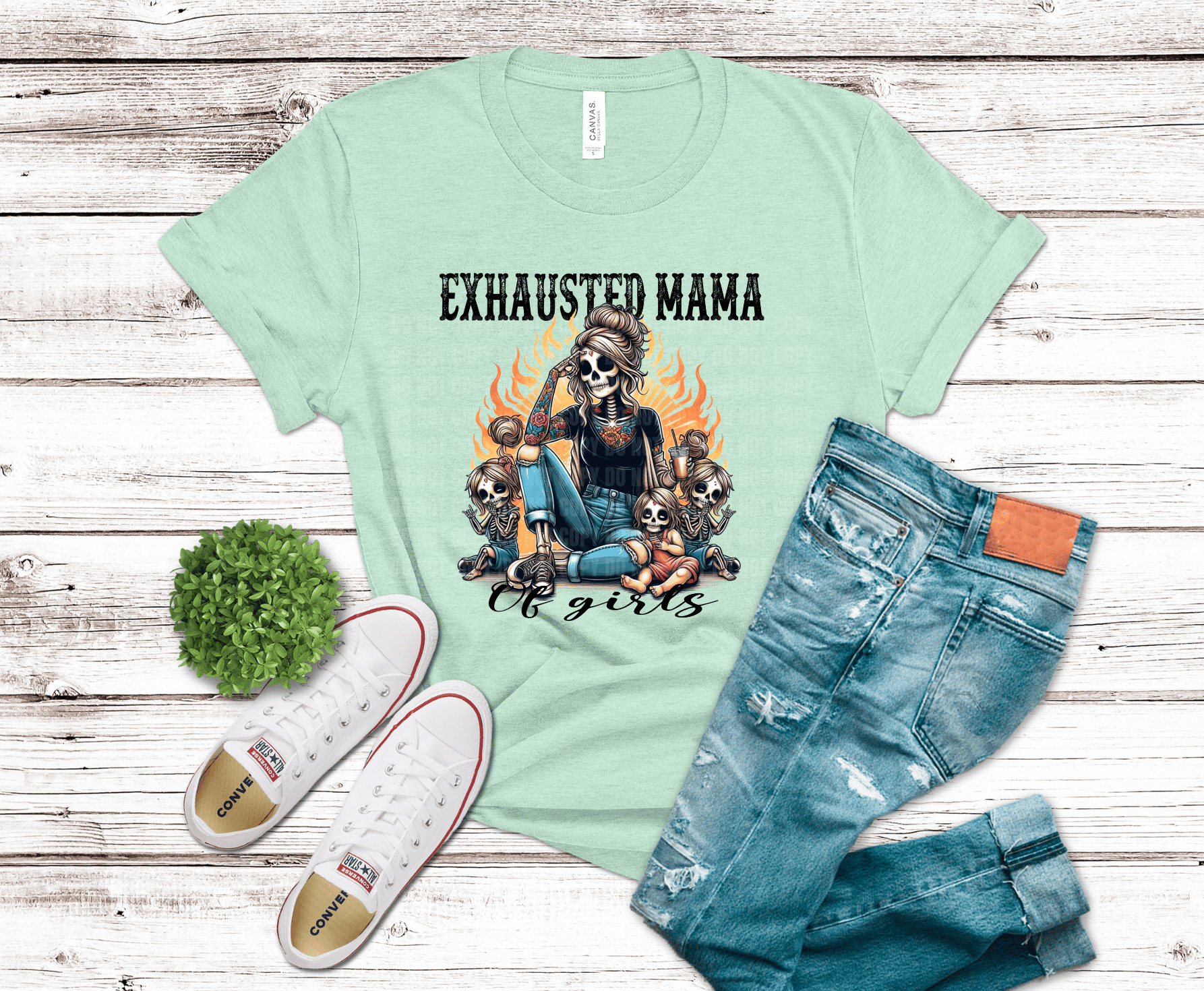 Exhausted Mama Of Girls skeleton mom with fire DTF transfer, ready to press heat transfer for funny mom shirts