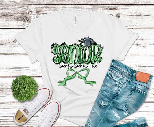 Senior 2026 green with graduation cap DTF transfer, ready to press heat transfer for senior shirts