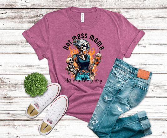 Hot Mess Mama skeleton mom with kids and coffee DTF transfer, ready to press heat transfer for funny mom shirts