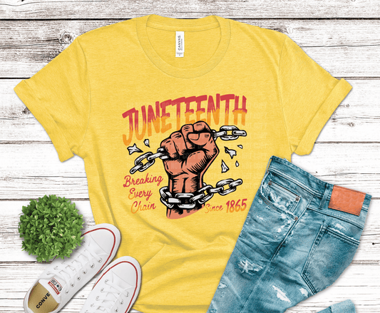 Juneteenth Breaking Every Chain raised fist breaking chains DTF transfer, ready to press heat transfer for commemorative shirts