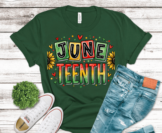 Juneteenth Colorful with sunflowers and hearts DTF transfer, ready to press heat transfer for freedom shirts