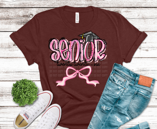 Senior 2026 Pink with bow and graduation cap DTF transfer, ready to press heat transfer for senior shirts
