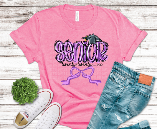 Senior 2026 Purple with bow and graduation cap DTF transfer, ready to press heat transfer for senior shirts