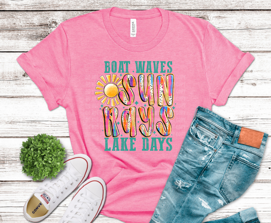 Boat Waves Sun Rays Lake Days colorful summer lettering DTF transfer, ready to press heat transfer for lake shirts