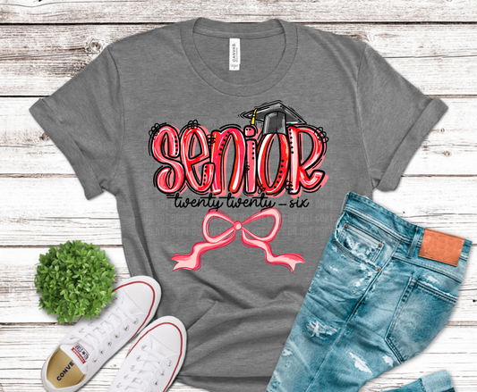 Senior 2026 Red with bow and graduation cap DTF transfer, ready to press heat transfer for senior shirts