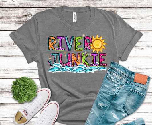 River Junkie colorful lettering with sun DTF transfer, ready to press heat transfer for river shirts