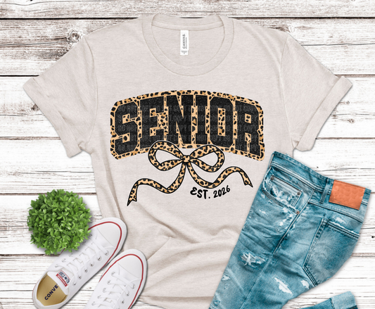 Senior 2026 Leopard with bow DTF transfer, ready to press heat transfer for senior shirts