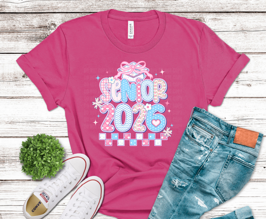 Senior 2026 Blue Glitter with bows DTF transfer, ready to press heat transfer for senior shirts