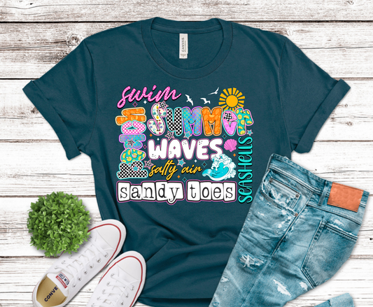 Summer Waves Salty Air Sandy Toes colorful beach icons DTF transfer, ready to press heat transfer for summer shirts