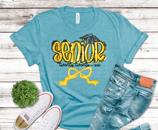 Senior 2026 Yellow with bow DTF transfer, ready to press heat transfer for senior shirts