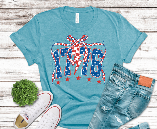 1776 Patriotic with bow and stars DTF transfer, ready to press heat transfer for patriotic shirts