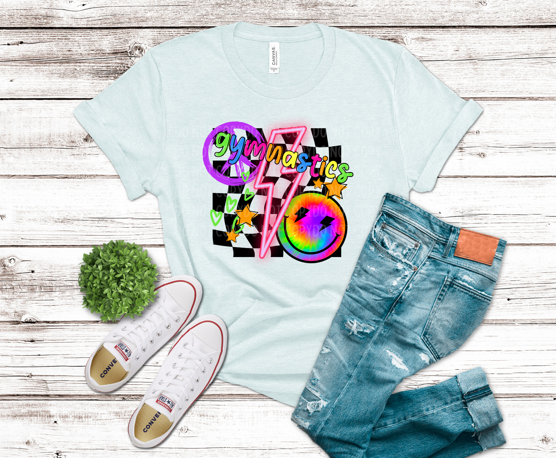 Gymnastics Checkered Rainbow with stars DTF transfer, ready to press heat transfer for gymnastics shirts