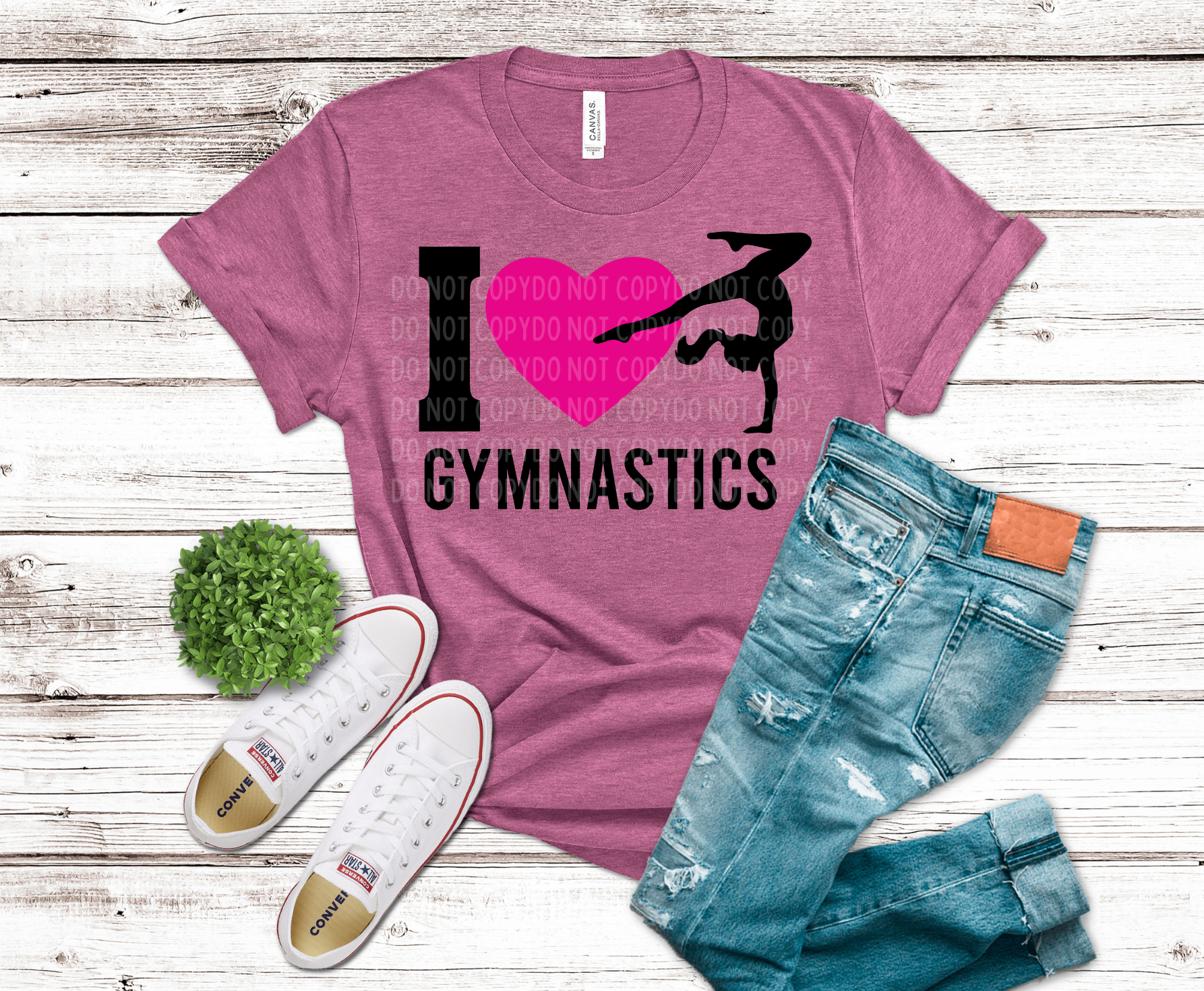 I Love Gymnastics with pink heart and silhouette DTF transfer, ready to press heat transfer for gymnastics shirts