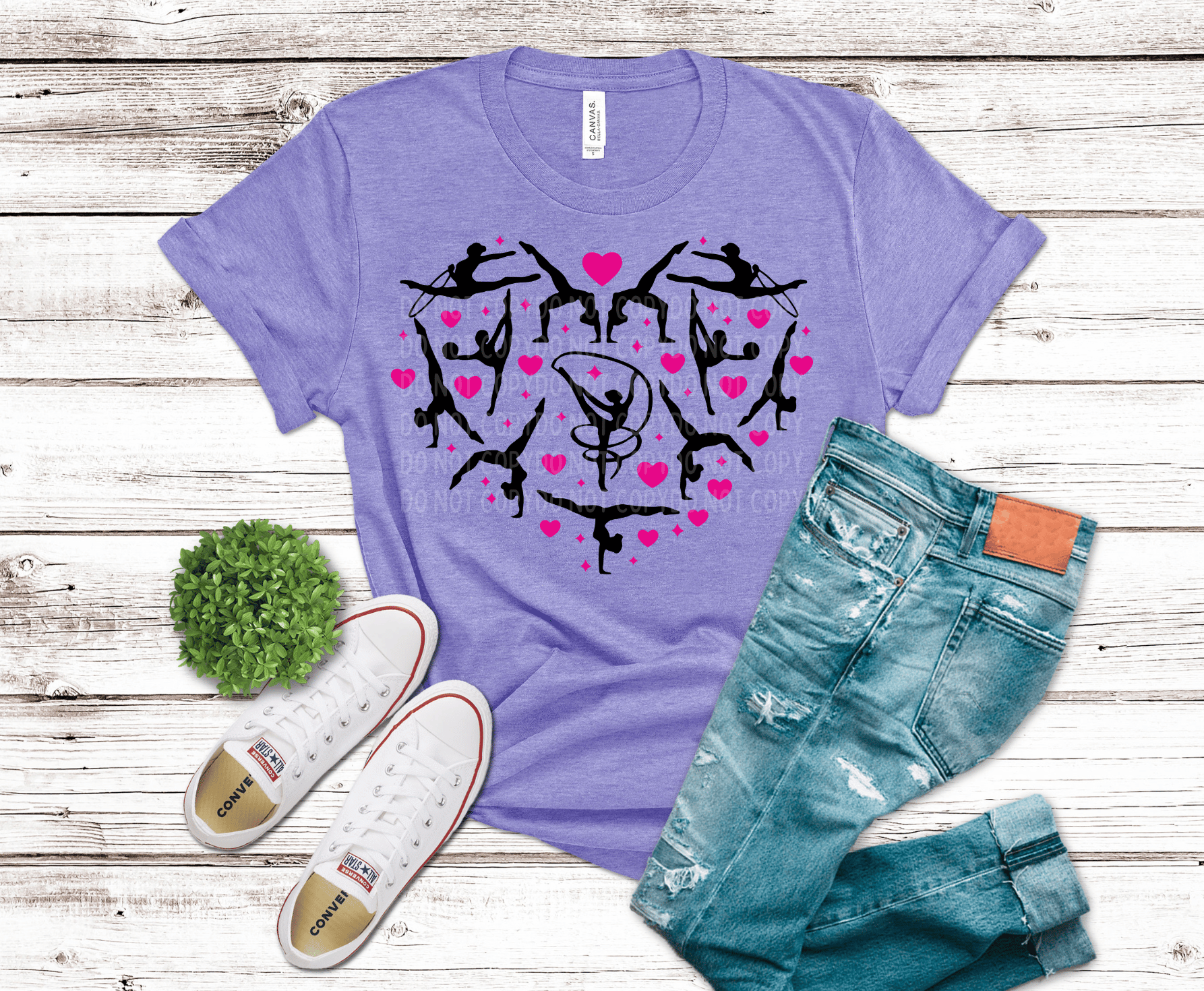 Gymnastics Heart Silhouettes with pink hearts DTF transfer, ready to press heat transfer for gymnastics shirts