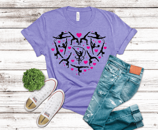 Gymnastics Heart Silhouettes with pink hearts DTF transfer, ready to press heat transfer for gymnastics shirts