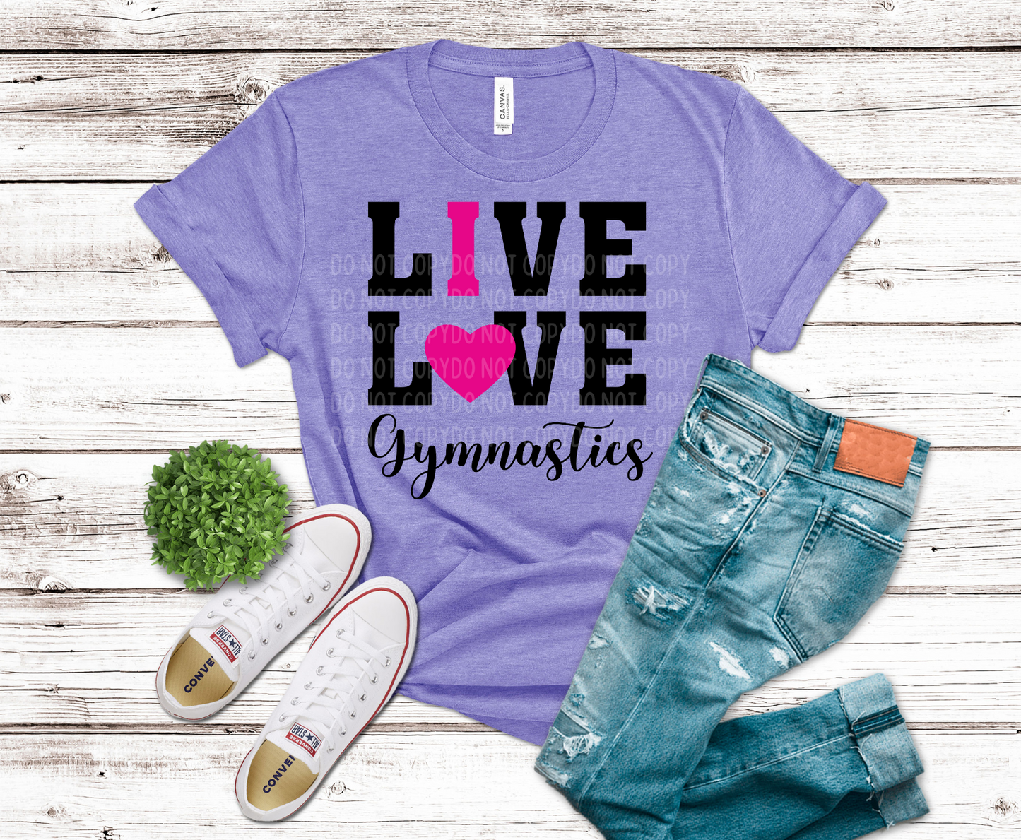 Live Love Gymnastics with pink heart DTF transfer, ready to press heat transfer for gymnastics shirts