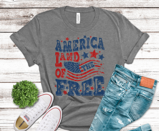 America Land of the Free patriotic stars and stripes DTF transfer, ready to press heat transfer for patriotic shirts
