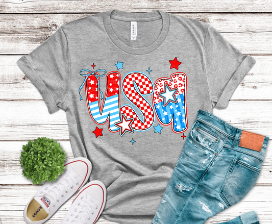 USA Patriotic Stars with checkered patterns DTF transfer, ready to press heat transfer for 4th of July shirts