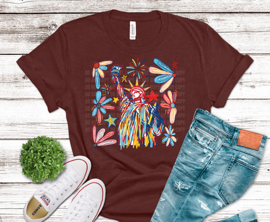 Statue of Liberty with fireworks and stars DTF transfer, ready to press heat transfer for patriotic shirts