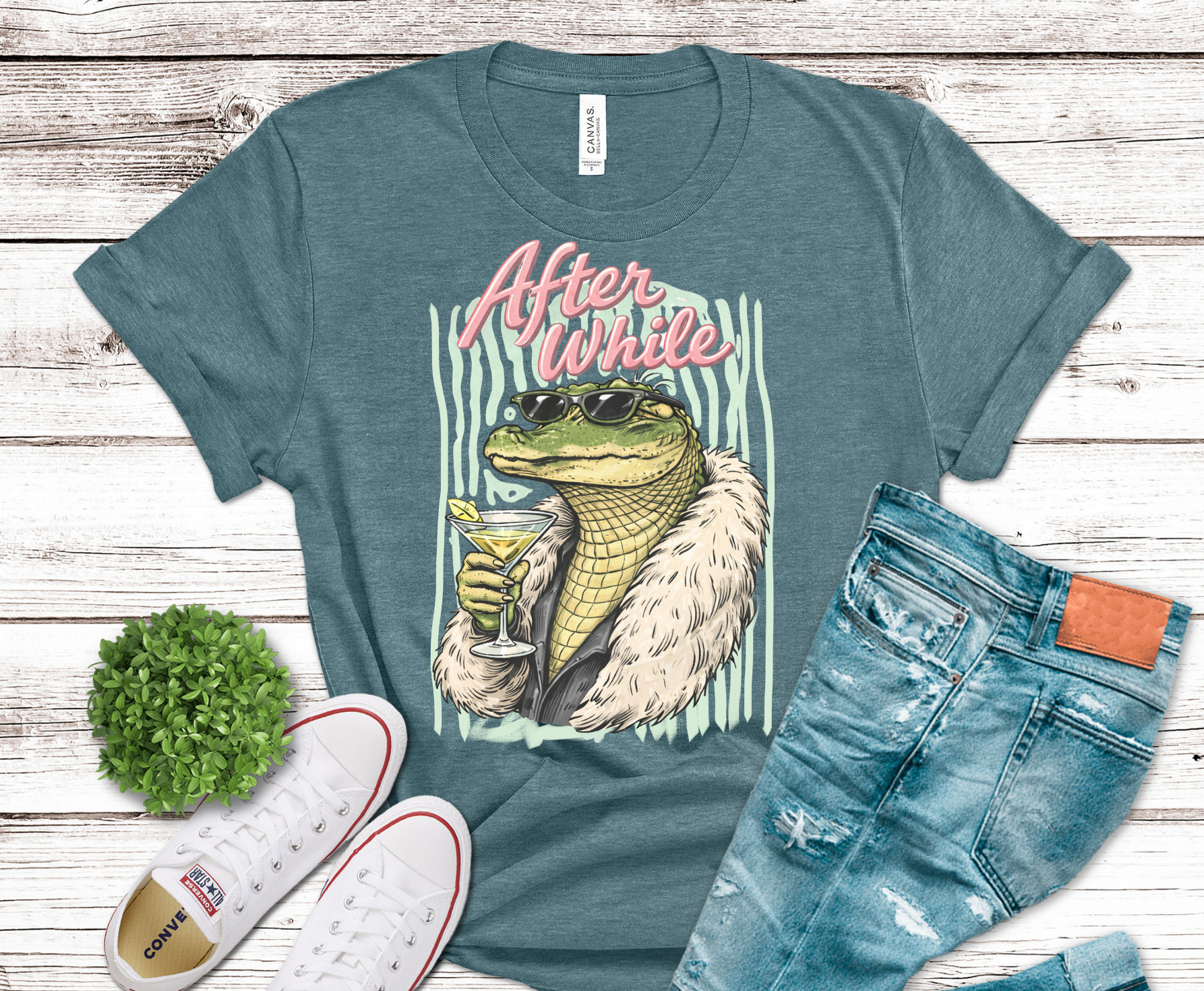 After A While Crocodile in fur coat with martini DTF transfer, ready to press heat transfer for humorous shirts