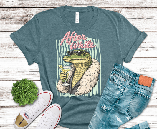 After A While Crocodile in fur coat with martini DTF transfer, ready to press heat transfer for humorous shirts