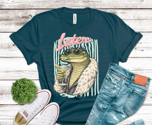 Later Alligator in fur coat with martini DTF transfer, ready to press heat transfer for humorous shirts