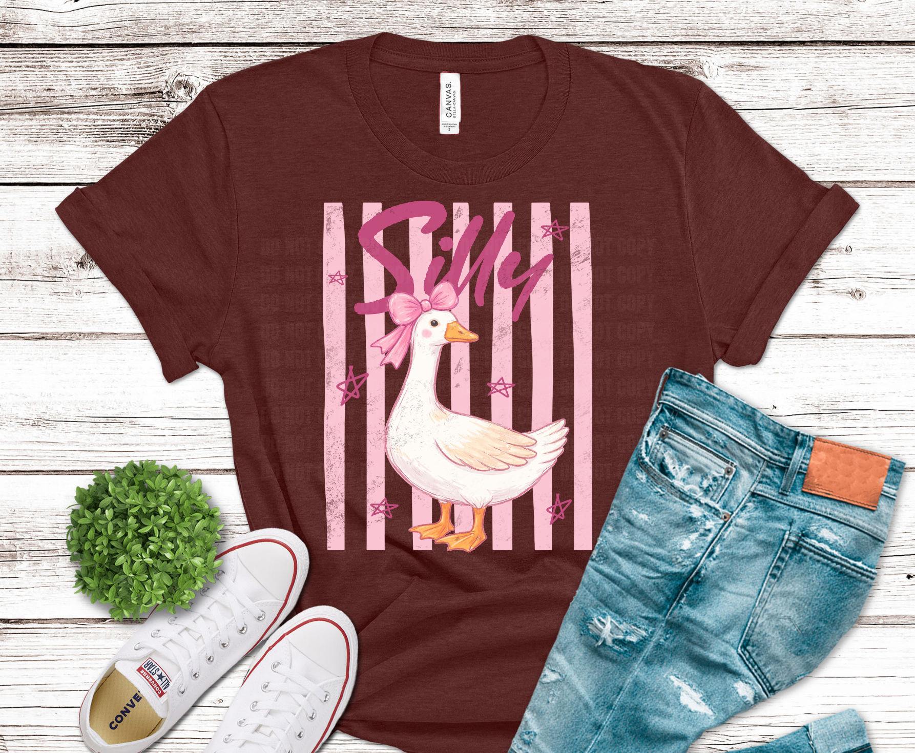 Silly Duck with pink bow on striped background DTF transfer, ready to press heat transfer for whimsical shirts