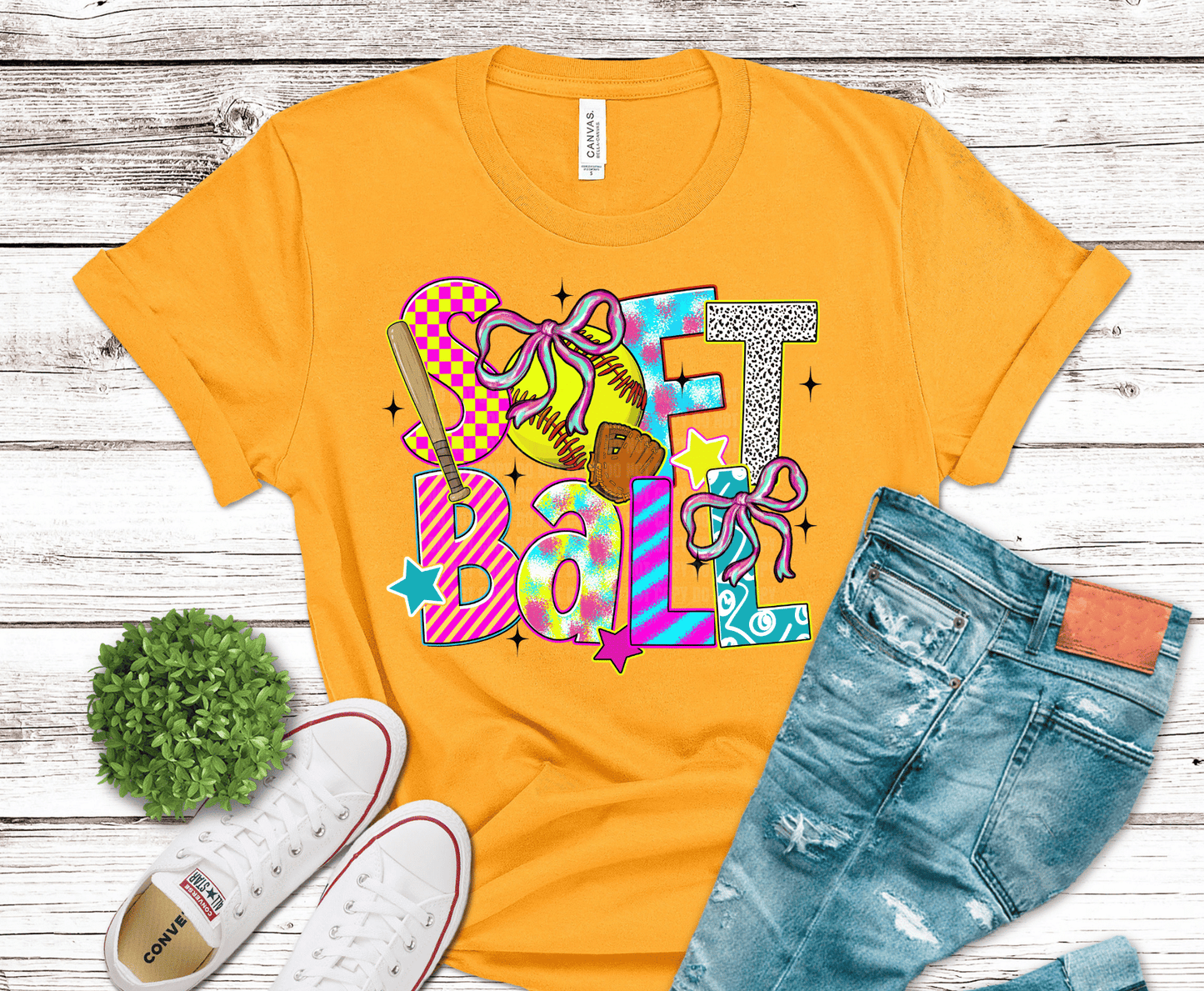 Softball Colorful bright lettering with bat DTF transfer, ready to press heat transfer for softball shirts