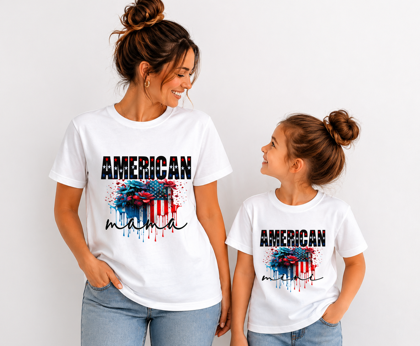 American Mama patriotic lettering DTF transfer, ready to press heat transfer for patriotic mom shirts