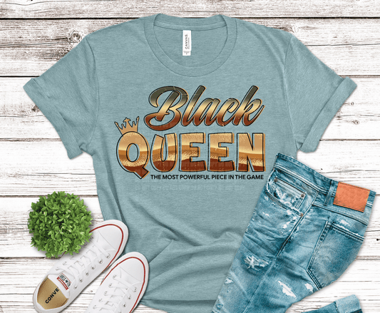 Black Queen gold lettering DTF transfer, ready to press heat transfer for empowering shirts