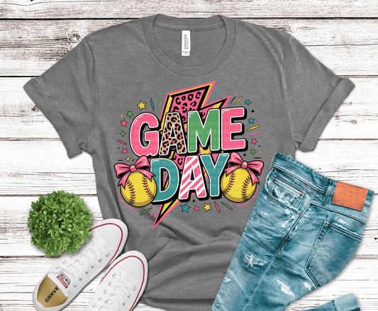 Game Day Softball with lightning DTF transfer, ready to press heat transfer for softball shirts