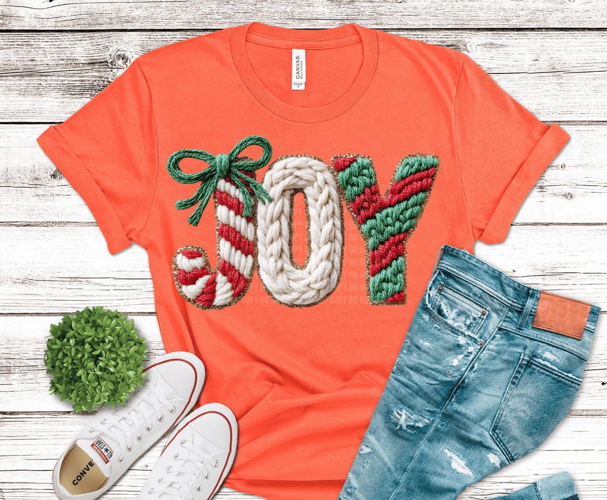 Joy Christmas Knitting candy cane lettering DTF transfer, ready to press heat transfer for Christmas shirts