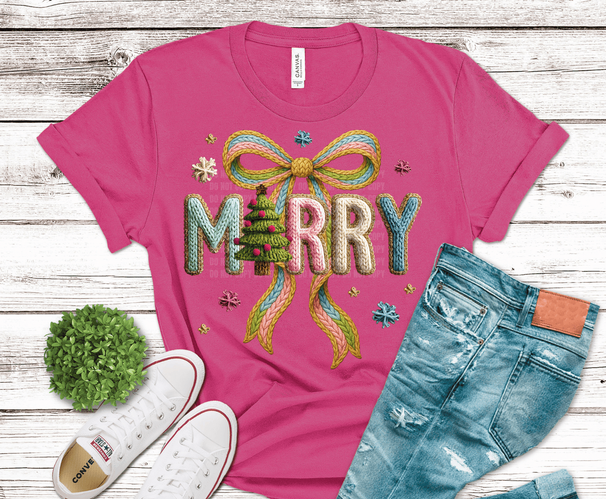 Merry Christmas Tree with large bow DTF transfer, ready to press heat transfer for holiday shirts