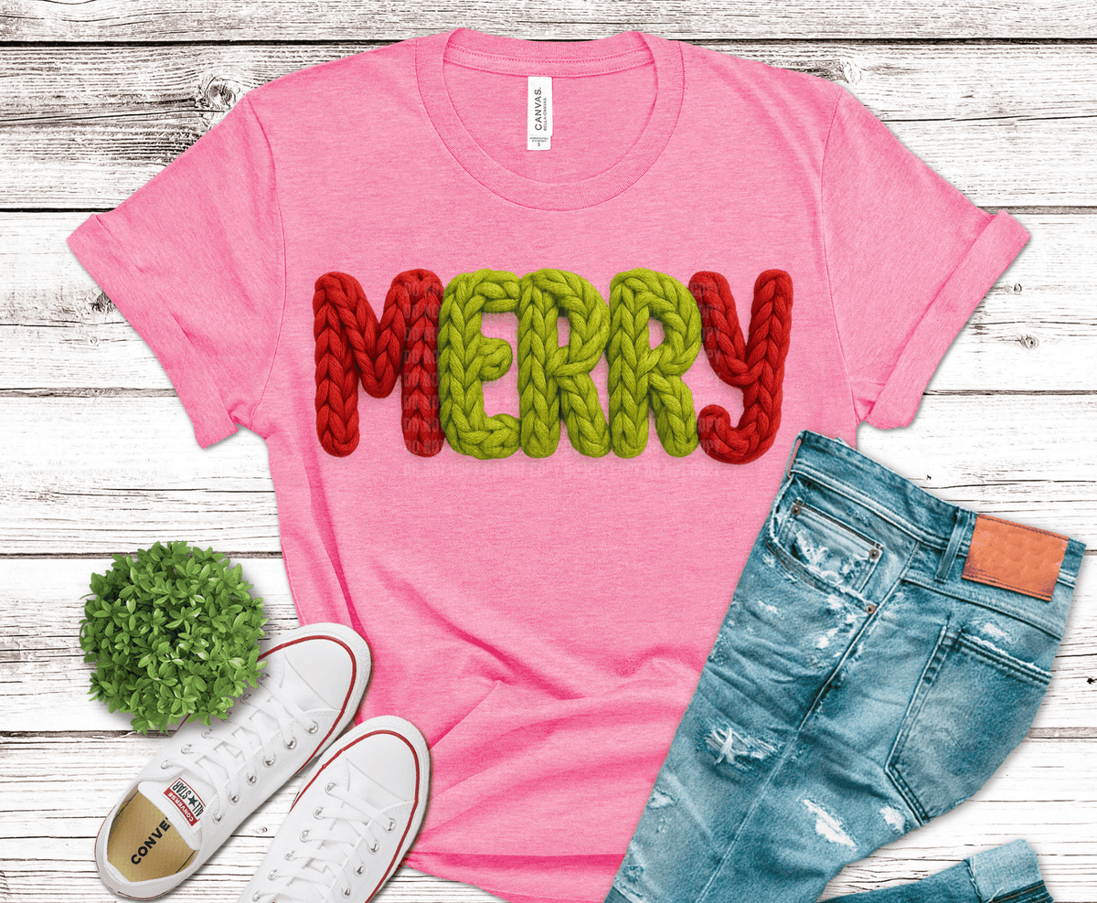 Merry Colorful vibrant lettering DTF transfer, ready to press heat transfer for holiday shirts