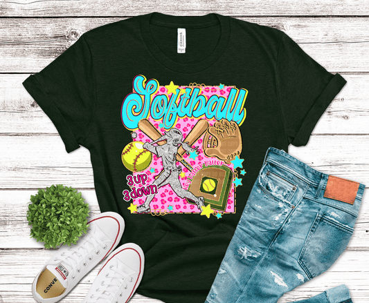 Retro Softball colorful lettering with bat and glove DTF transfer, ready to press heat transfer for softball shirts