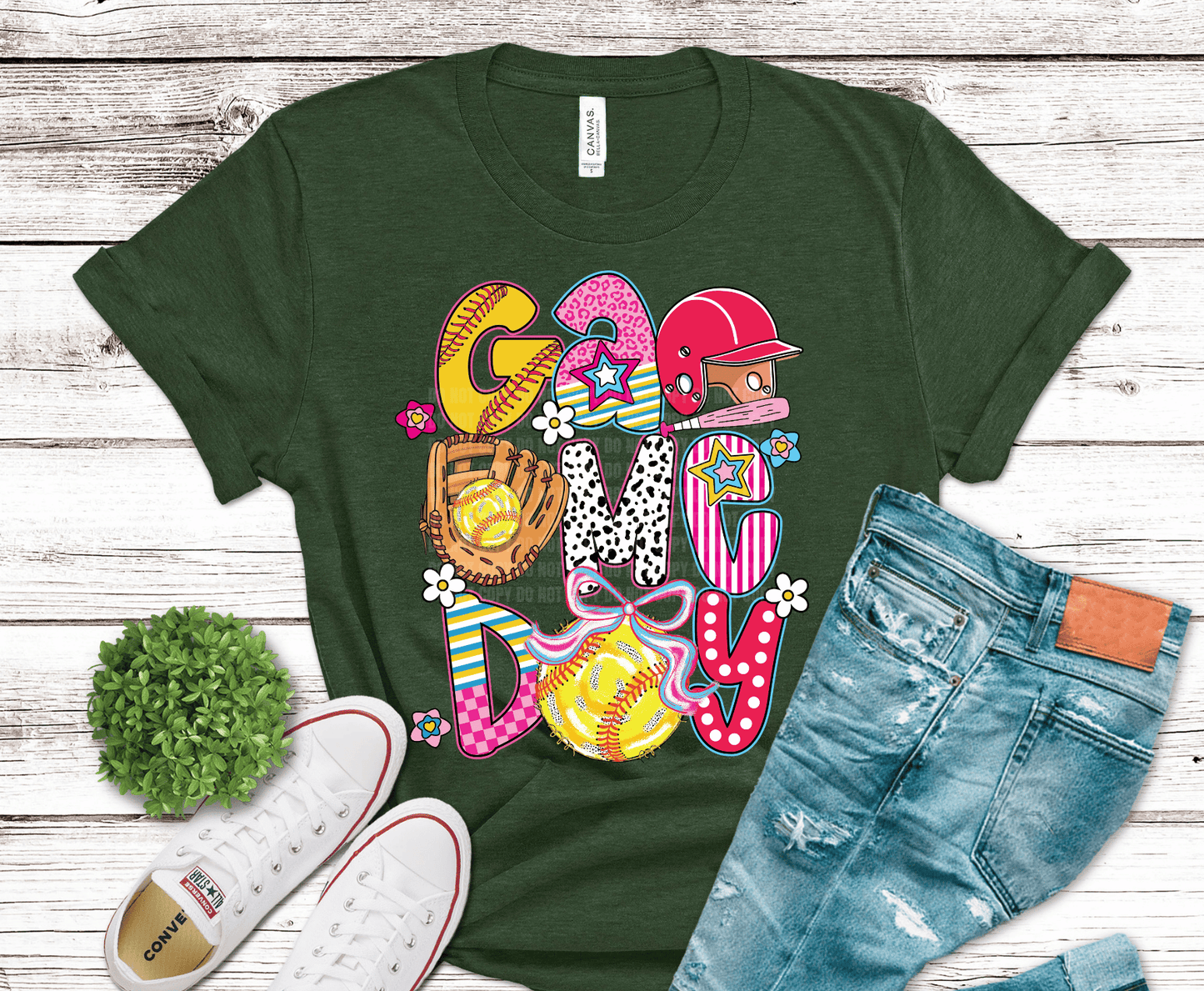 Game Day Softball colorful lettering DTF transfer, ready to press heat transfer for softball shirts