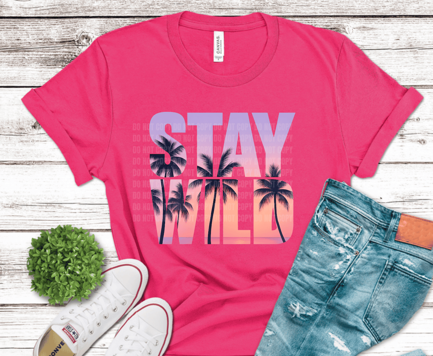 Stay Wild palm trees gradient sunset DTF transfer, ready to press heat transfer for summer shirts
