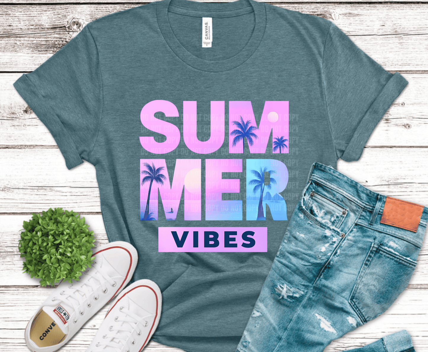 Summer Vibes Palm Trees pink gradient DTF transfer, ready to press heat transfer for summer shirts