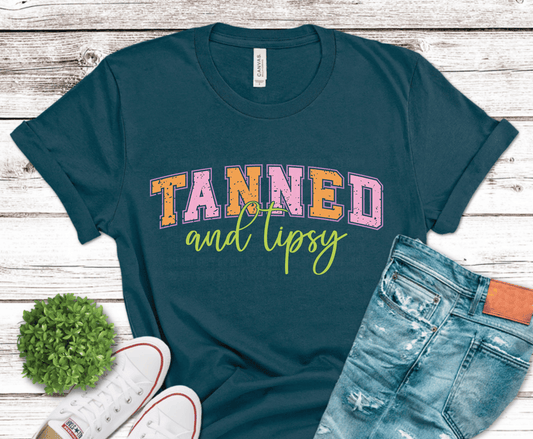 Tanned and Tipsy colorful lettering DTF transfer, ready to press heat transfer for summer shirts