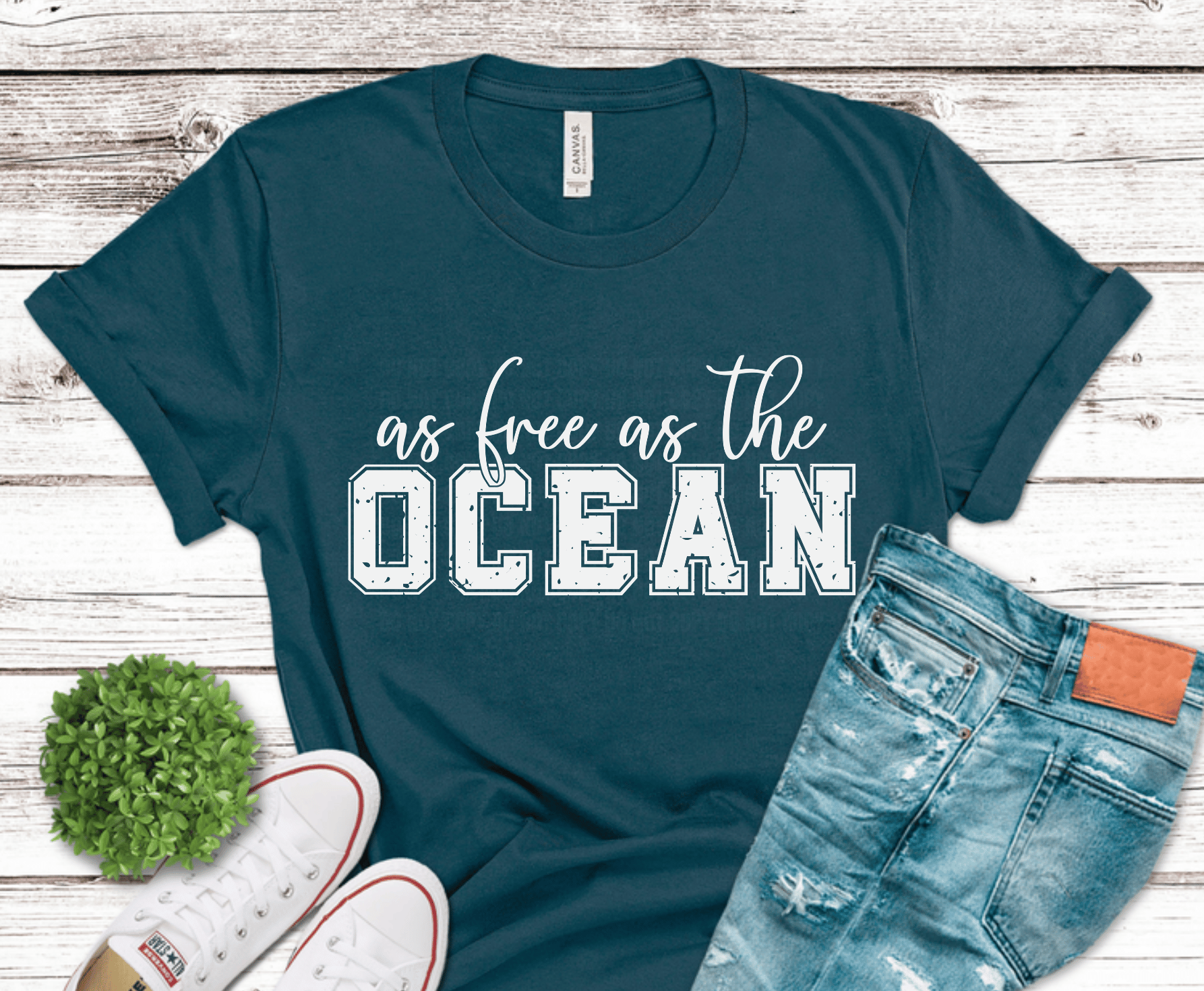 As Free As The Ocean lettering DTF transfer, ready to press heat transfer for beach shirts