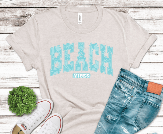 Beach Vibes lettering DTF transfer, ready to press heat transfer for beach shirts