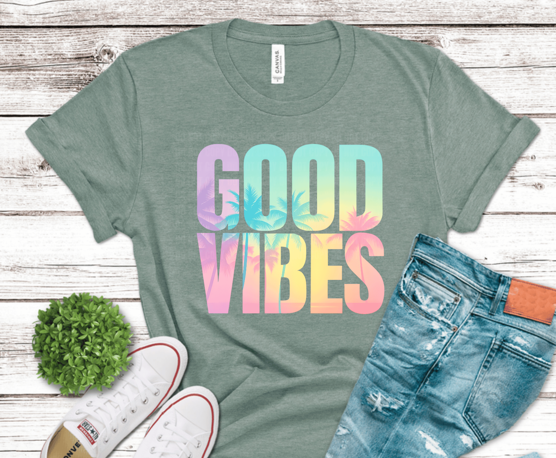 Good Vibes colorful lettering DTF transfer, ready to press heat transfer for summer shirts