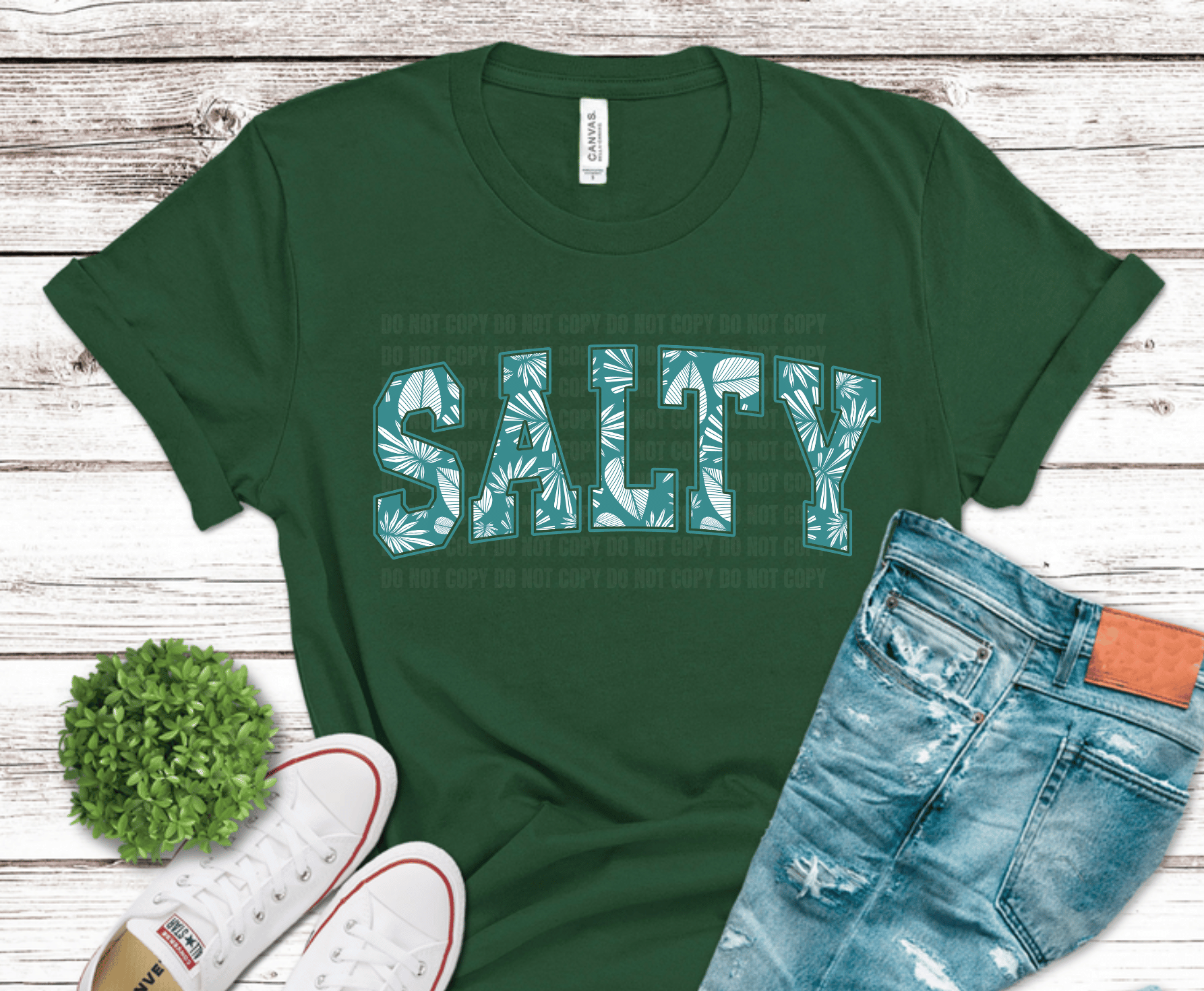 Salty patterned lettering DTF transfer, ready to press heat transfer for beach shirts