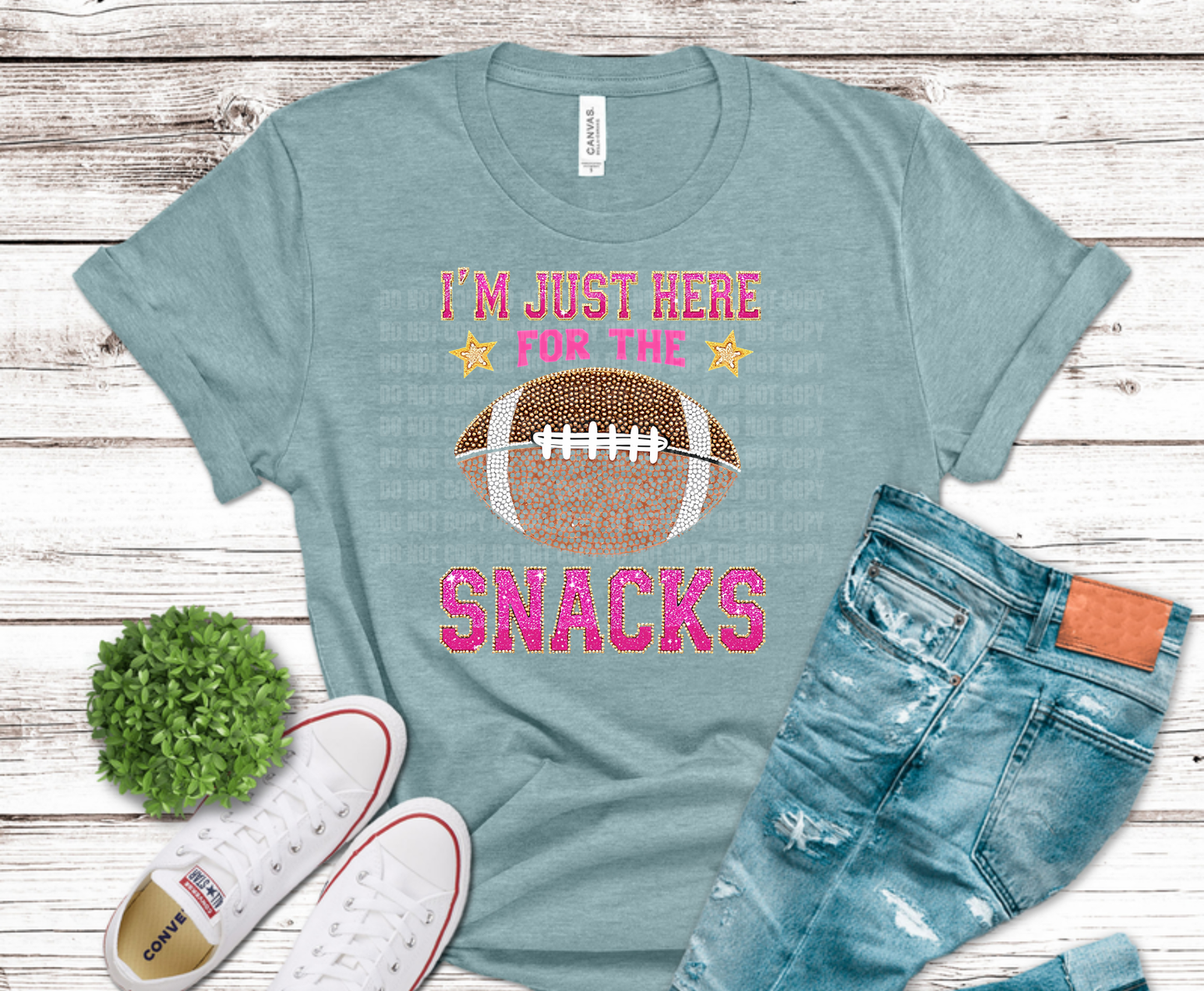 I'm Just Here For The Snacks football DTF transfer, ready to press heat transfer for game day shirts