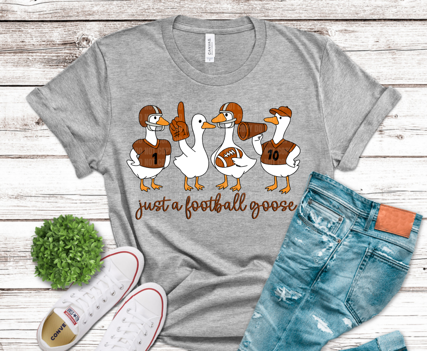 Just A Football Goose with geese in football uniforms DTF transfer, ready to press heat transfer for funny football shirts