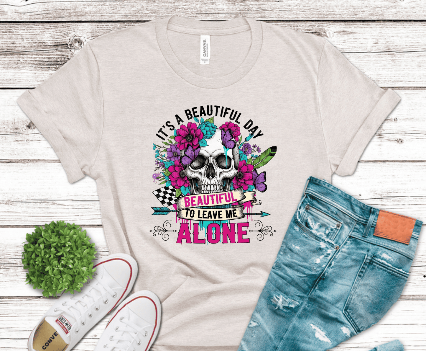 It's A Beautiful Day To Leave Me Alone colorful skull DTF transfer, ready to press heat transfer for sarcastic shirts