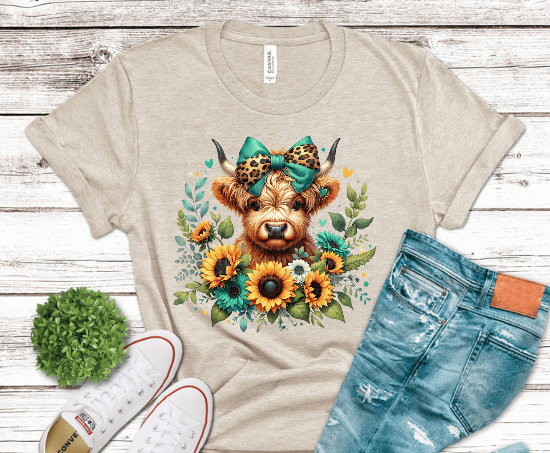 Highland Cow Bow Sunflowers DTF transfer, ready to press heat transfer for cute shirts