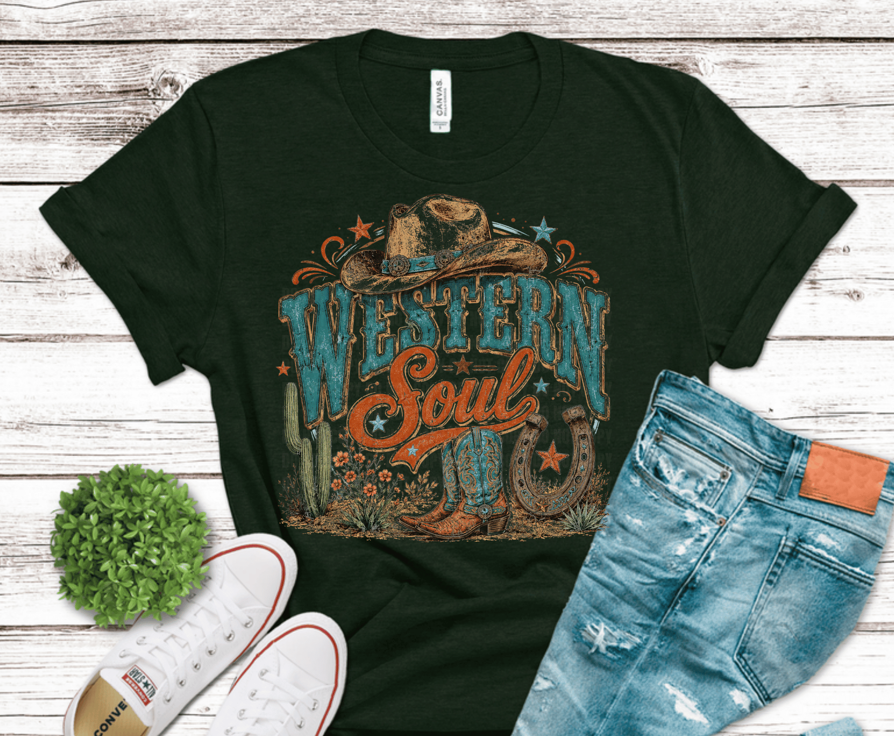 Western Soul Cowboy Hat Boots cactus DTF transfer, ready to press heat transfer for western shirts