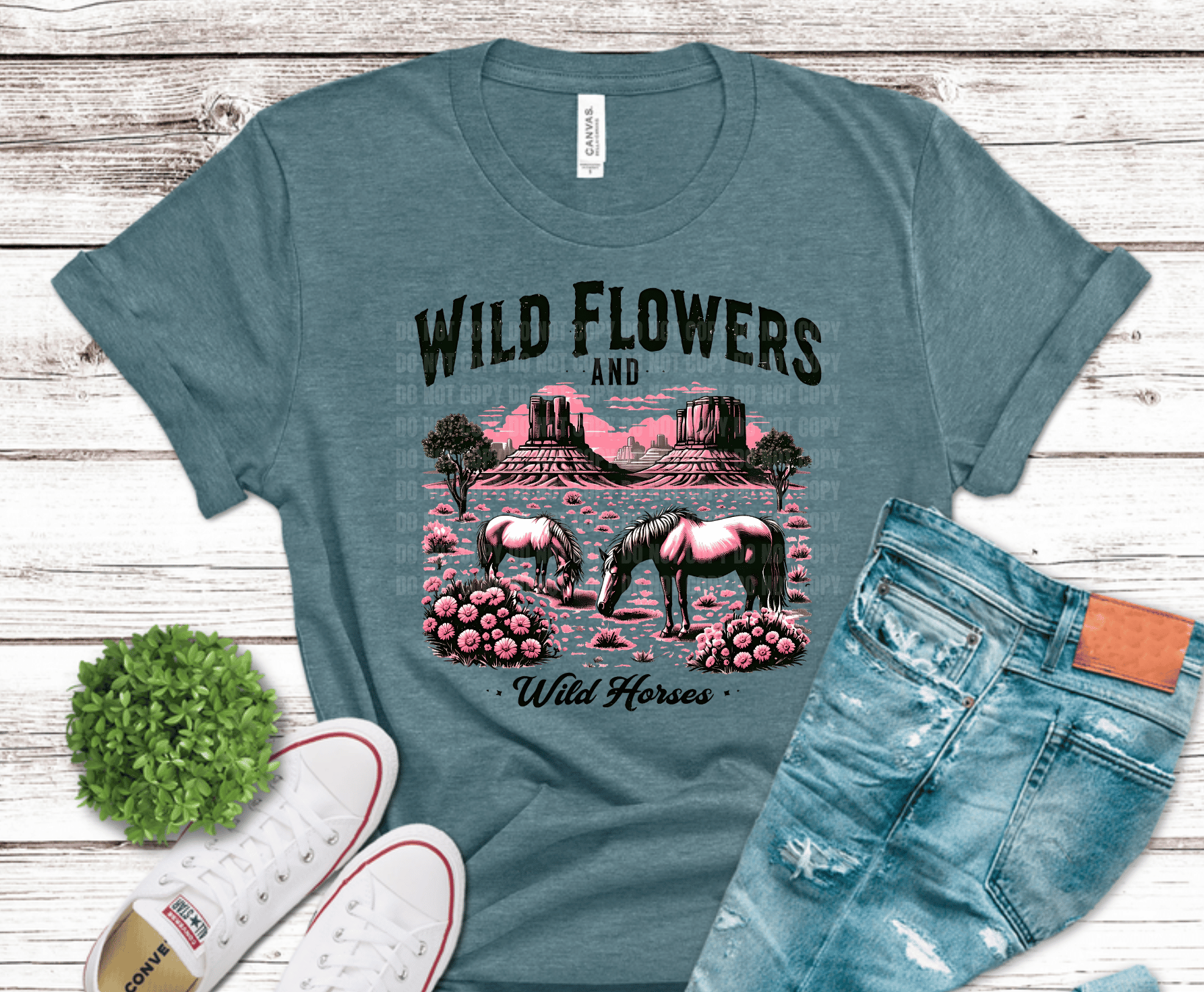 Wild Flowers and Wild Horses desert landscape DTF transfer, ready to press heat transfer for western shirts