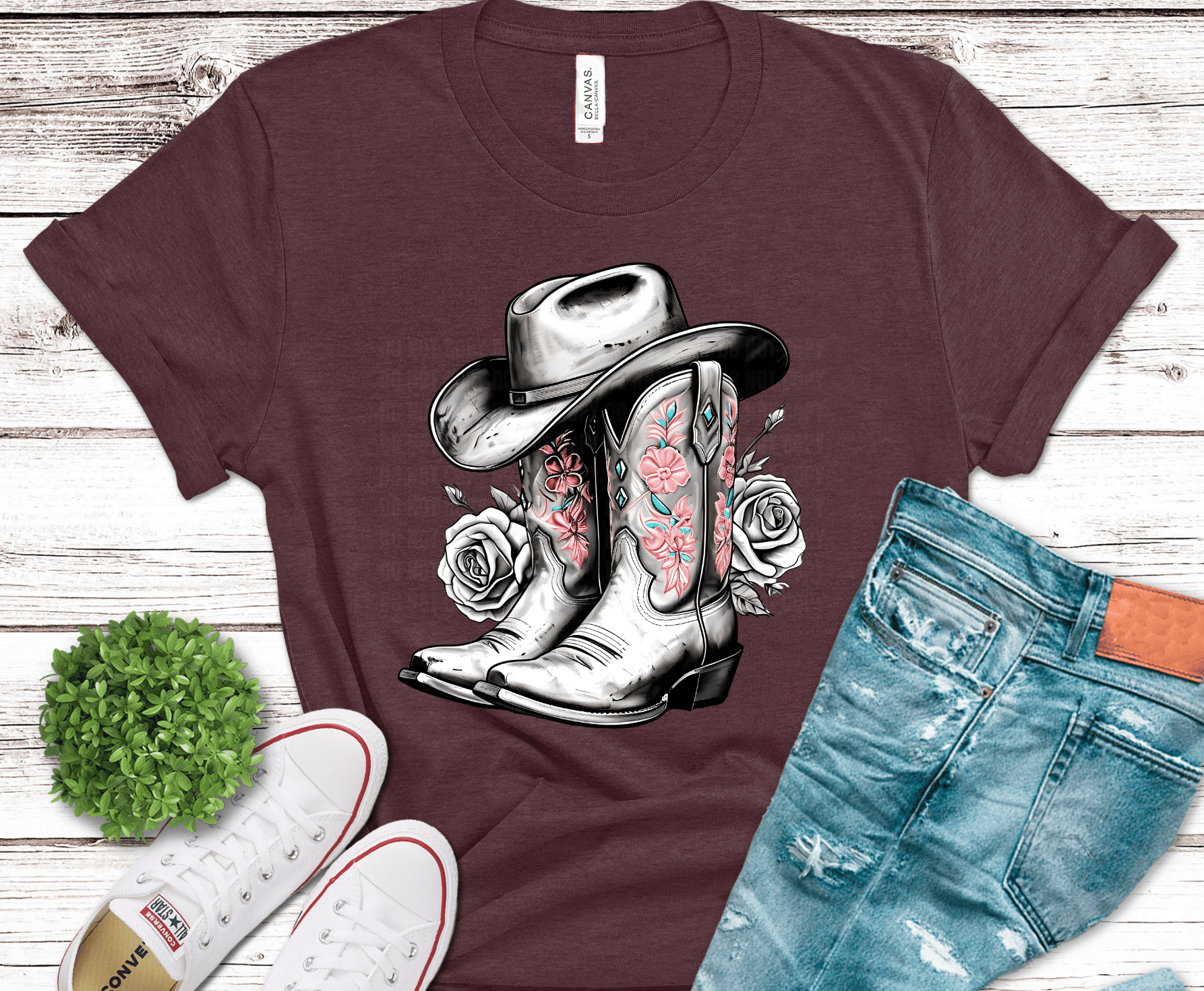Cowboy Boots Roses detailed western DTF transfer, ready to press heat transfer for western shirts